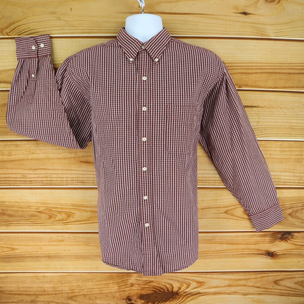 Britches Button Down Shirt‎ Mens Size L Maroon Checks 100% Cotton Long Sleeves